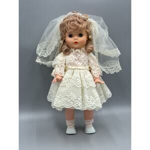 Vintage Plastic Bride Communion Doll In Dress & Shoes Blonde Hair 14” READ